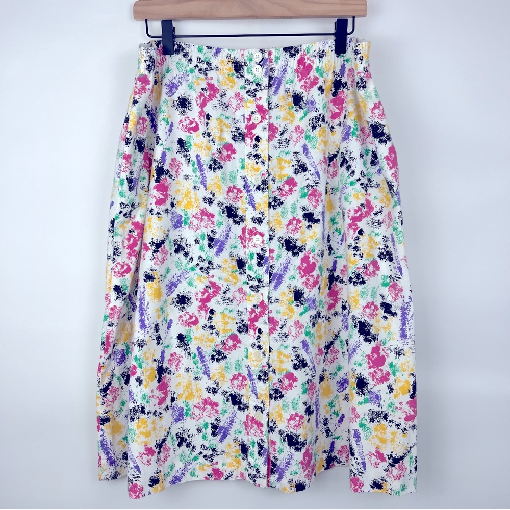 Vintage 80’s Union Made Color Splash Button Up Midi Skirt Size 14